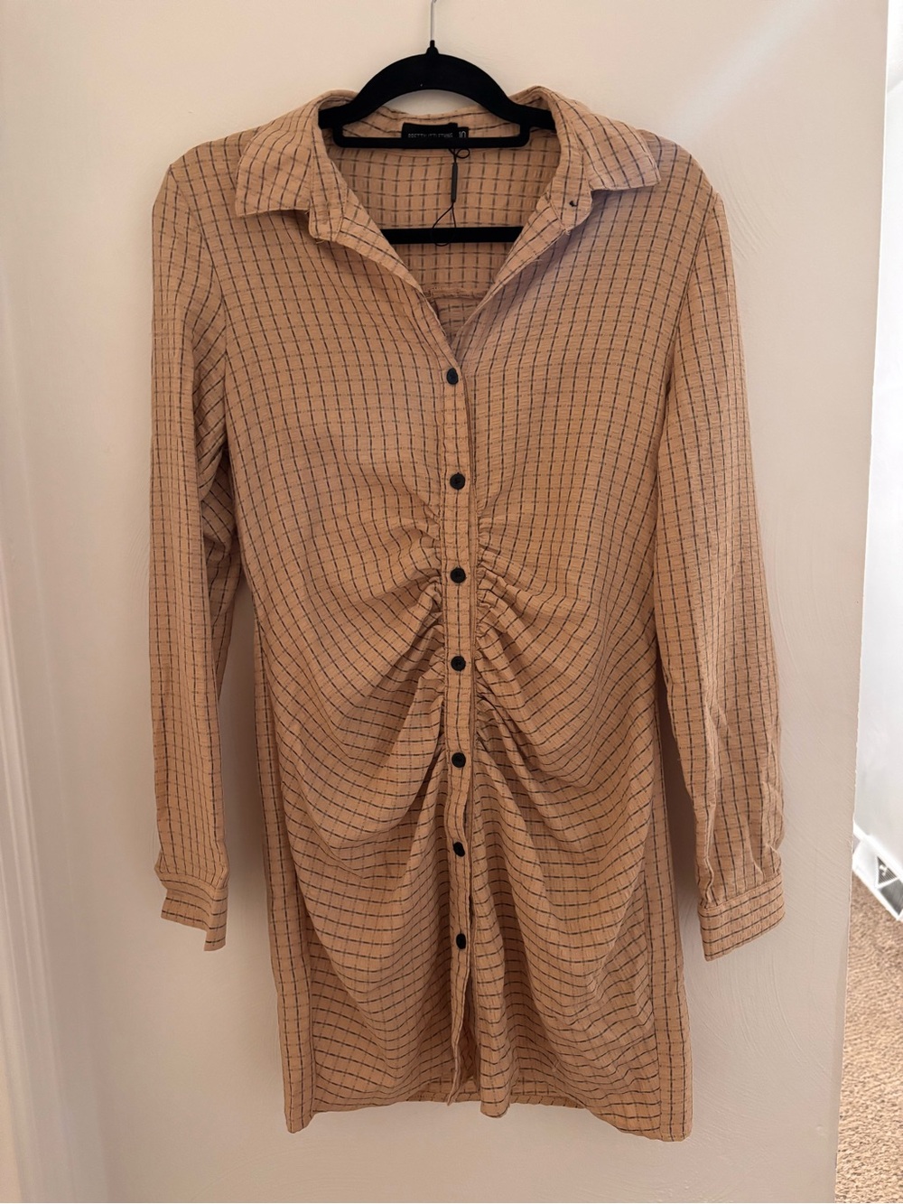 PrettyLittleThing Beige Checked Shirt Dress